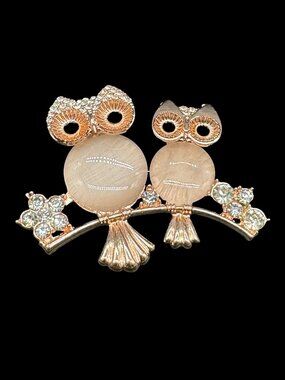 Rose Gold Tone Owls Brooch Glass Cabochons & Clear Rhinestones